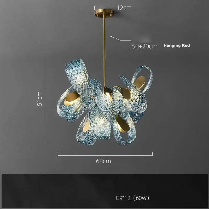 DecorBites™ blue glass led pendant lamps feature a twisted ribbon design with gold accents in modern lighting