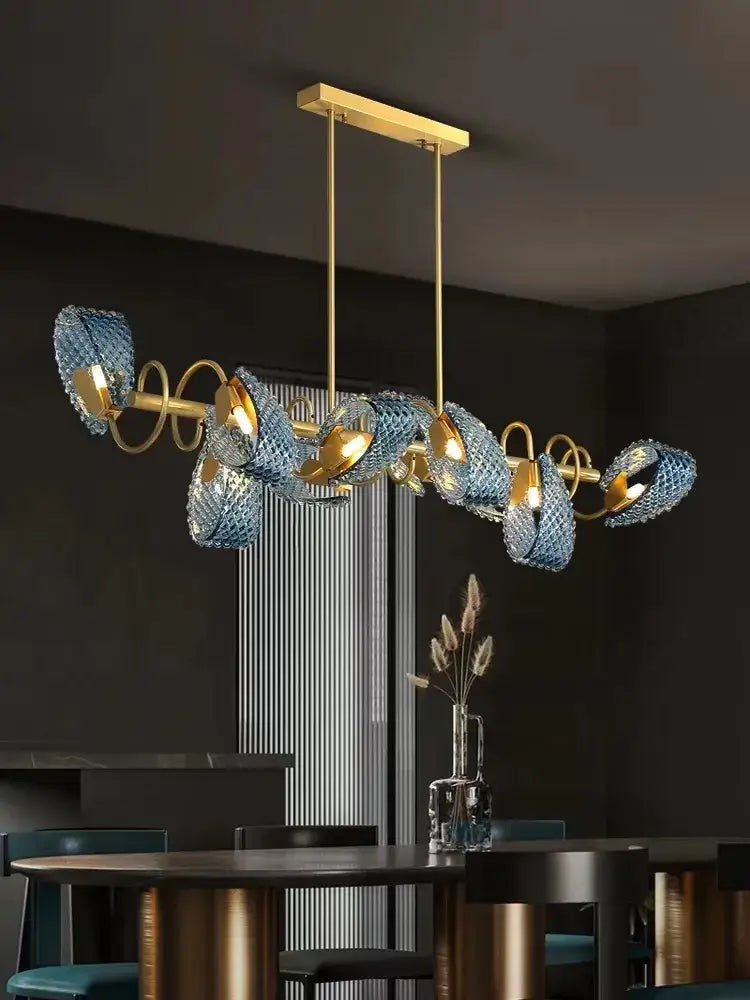 Decorbites™ blue glass led pendant lamps featuring textured glass with gold-toned metal arms and circular accents