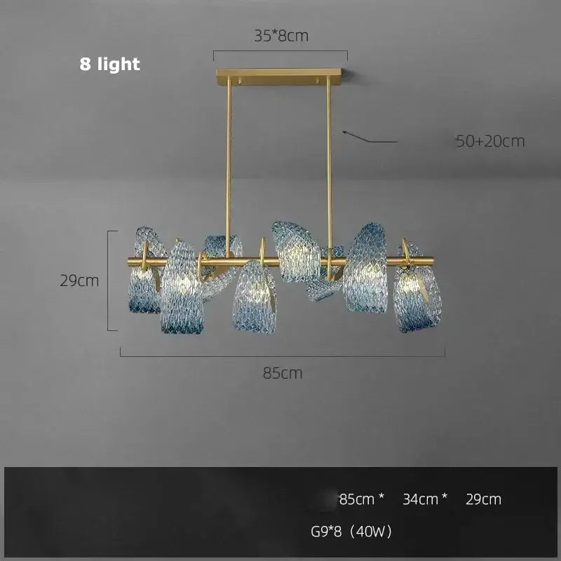 Decorbites™ modern pendant lamps with blue glass led shades and gold-toned metal frame with eight lights