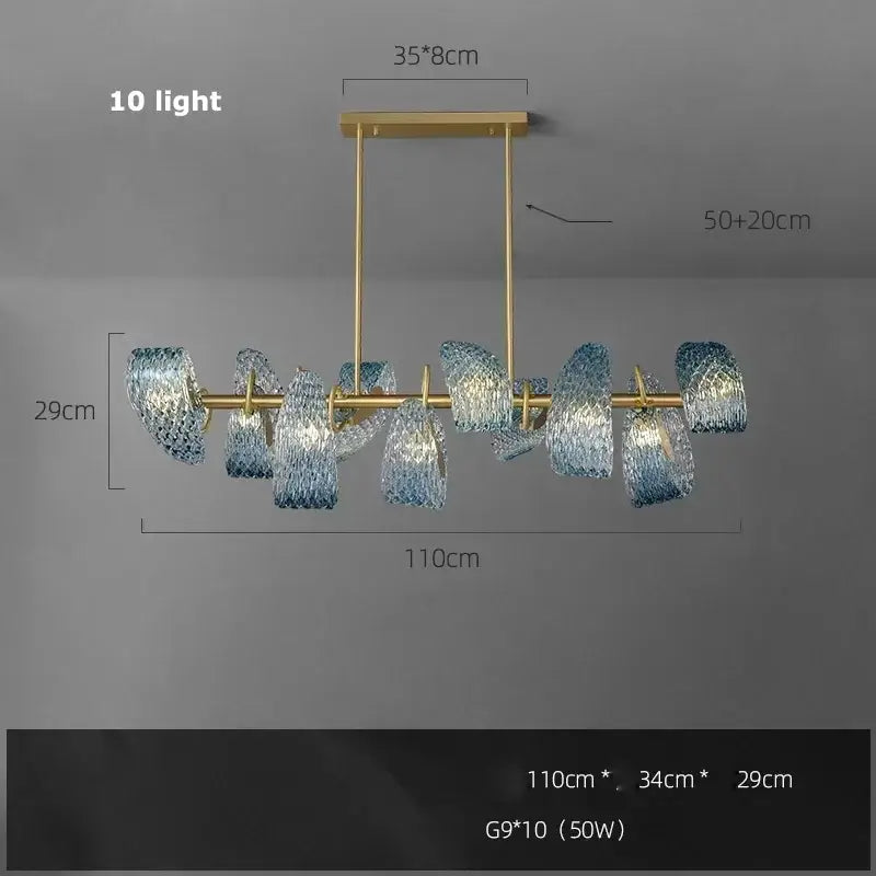 Modern gold-toned chandelier with ten blue glass led textured pendant lamps by DecorBites for designer lighting