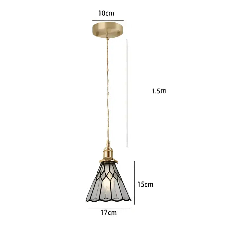 Decorbites blue glass pendant light featuring a vintage brass stained glass shade with intricate leaded patterns for bedroom