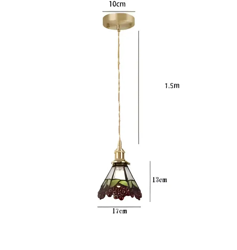 Decorbites blue glass pendant light with black lace features a vintage brass frame and intricate stained glass shade
