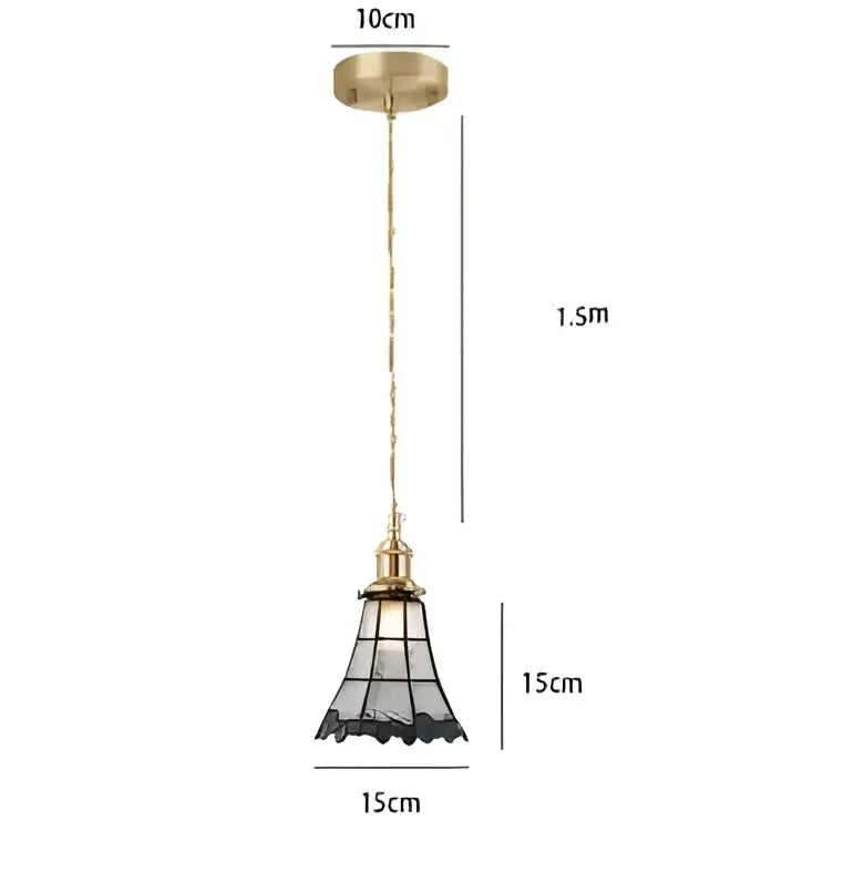 Gold-toned decorbites blue glass pendant light with black lace detailing and brass chain for bedroom lighting