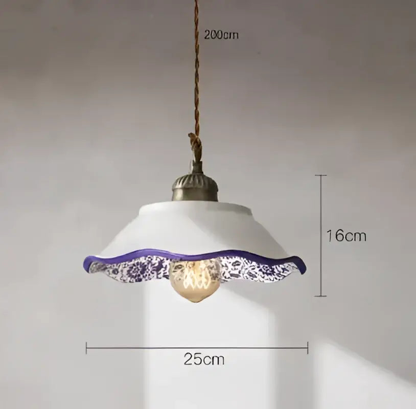 White ceramic pendant light with delicate purple lace trim and exposed bulb complementing decorbites blue glass pendant lights