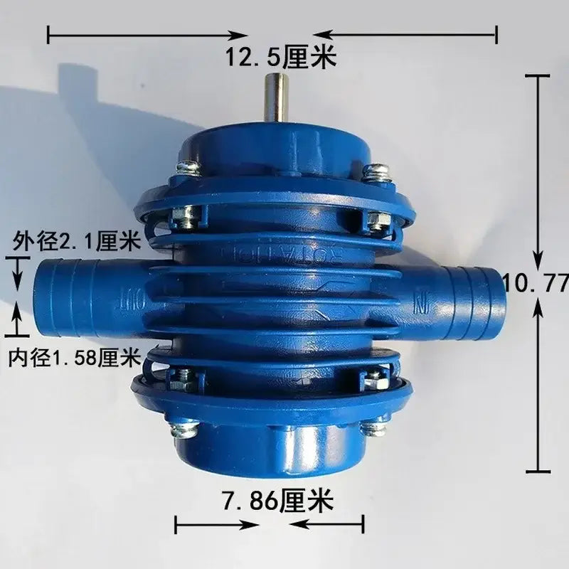 Decorbites blue self-priming centrifugal pump in blue with metallic fittings and measurement markings for kitchen and garden use