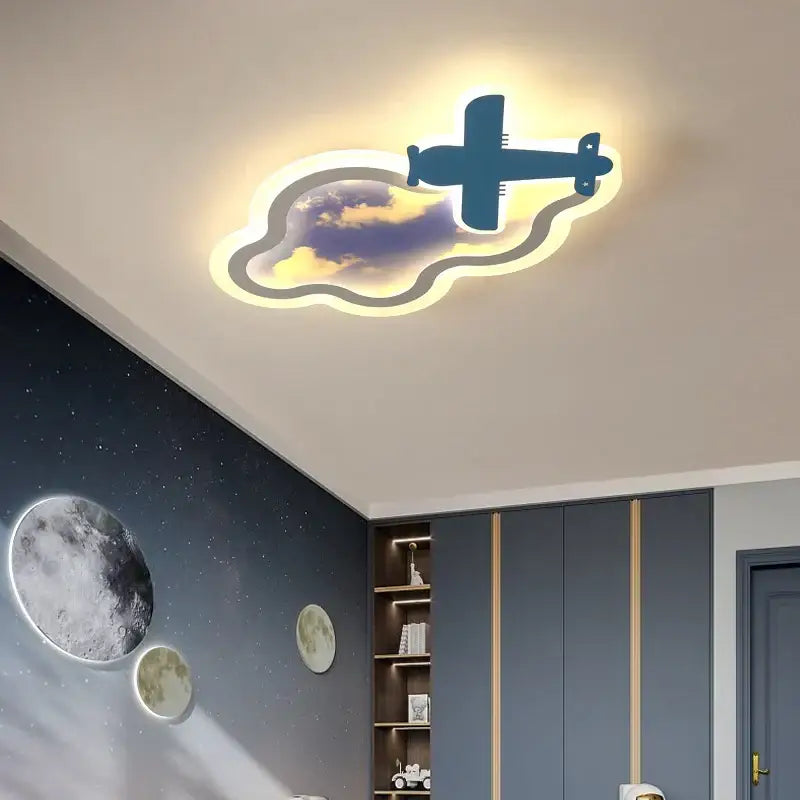 Decorbites blue sky airplane chandelier with dimmable cloud-shaped light and illuminated edge for kids bedroom