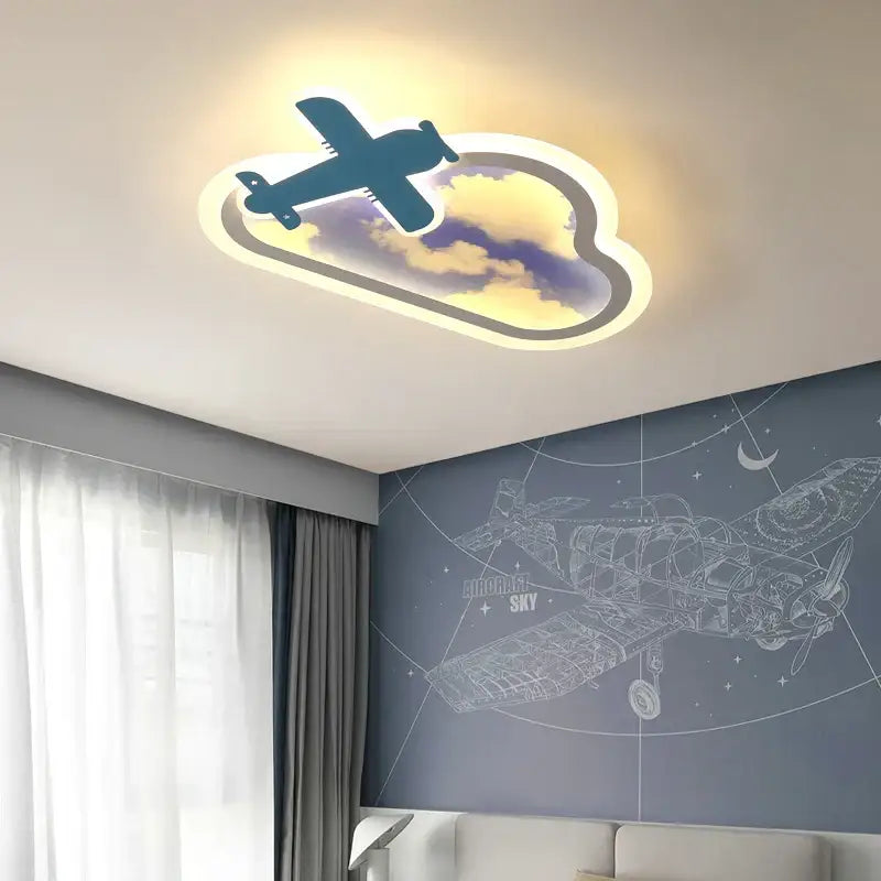 Modern decorbites blue sky airplane chandelier with illuminated cloud shape and dark blue airplane for kids bedroom lighting