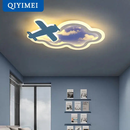 Decorbites blue sky airplane chandelier blue airplane ceiling light with cloud design and soft dimmable glow for kids bedroom
