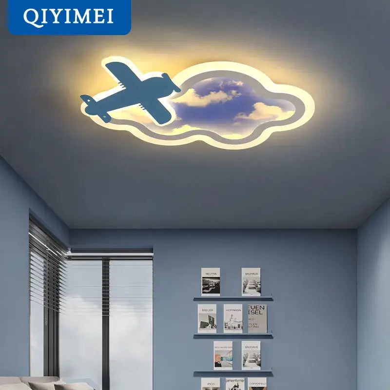 Decorbites blue sky airplane chandelier blue airplane ceiling light with cloud design and soft dimmable glow for kids bedroom
