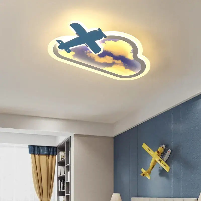 Decorbites blue sky airplane chandelier ceiling light with glowing cloud design and warm yellow dimmable illumination