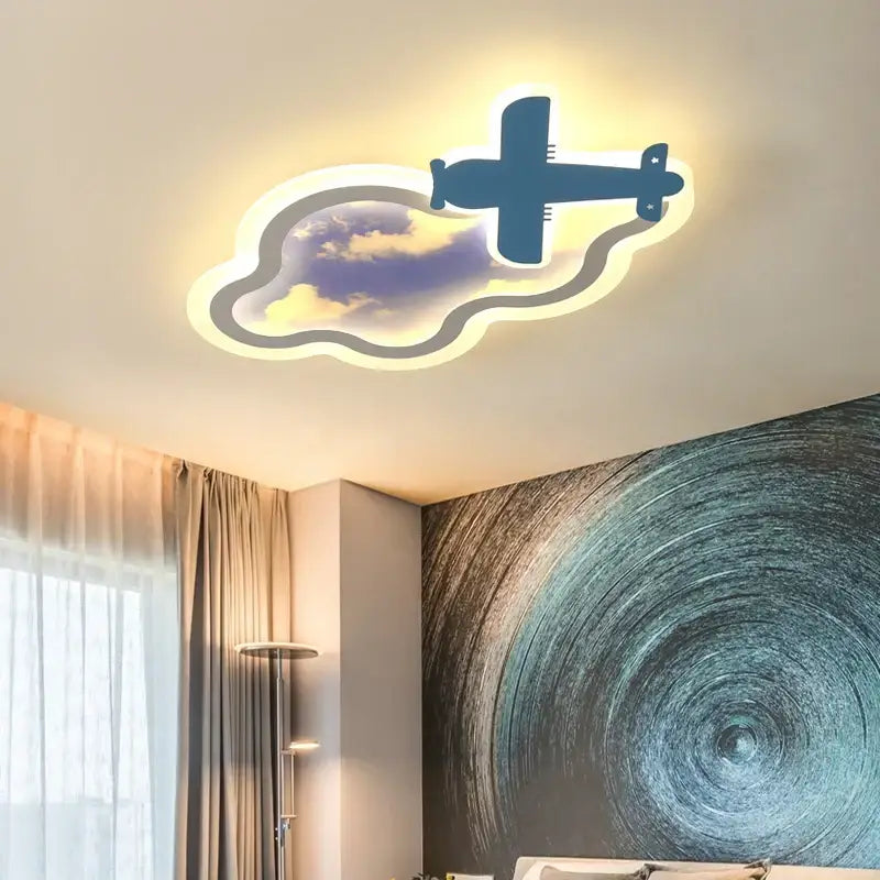 Decorbites blue sky airplane chandelier ceiling light in blue with cloud design for kids bedroom dimmable lighting