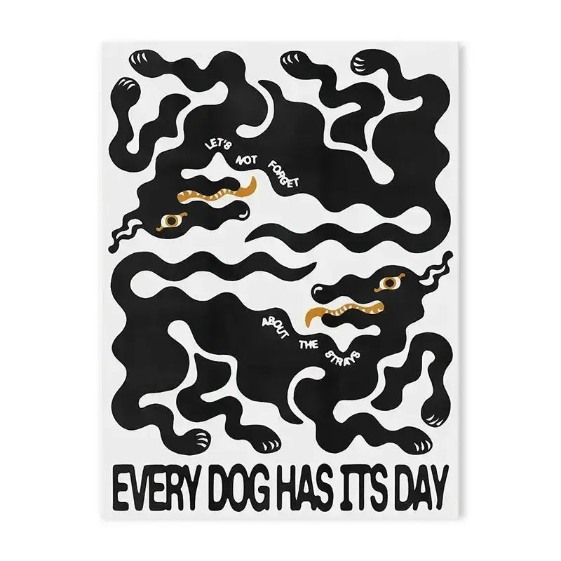 Decorbites™ blue wave japanese abstract print poster featuring black and gold stylized dog illustrations on white background