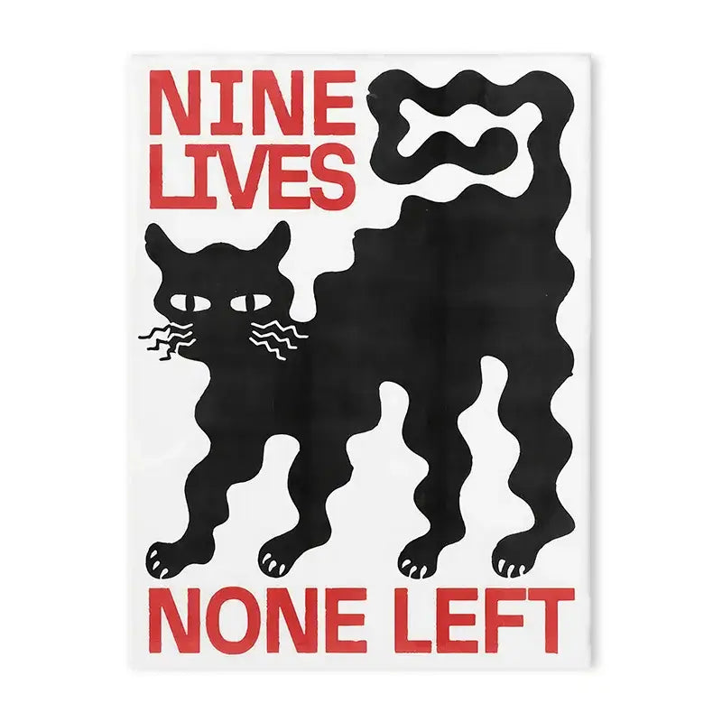 Decorbites™ blue wave japanese abstract print poster featuring a black stylized cat with red nine lives none left text on white background