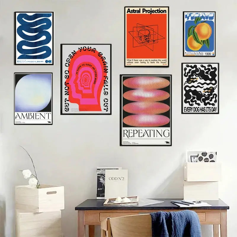 A collection of framed decorbites™ posters featuring bold blue wave japanese abstract print designs in vibrant colors
