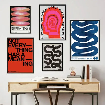 A collection of five framed abstract print posters featuring bold japanese abstract designs in black pink orange blue and white