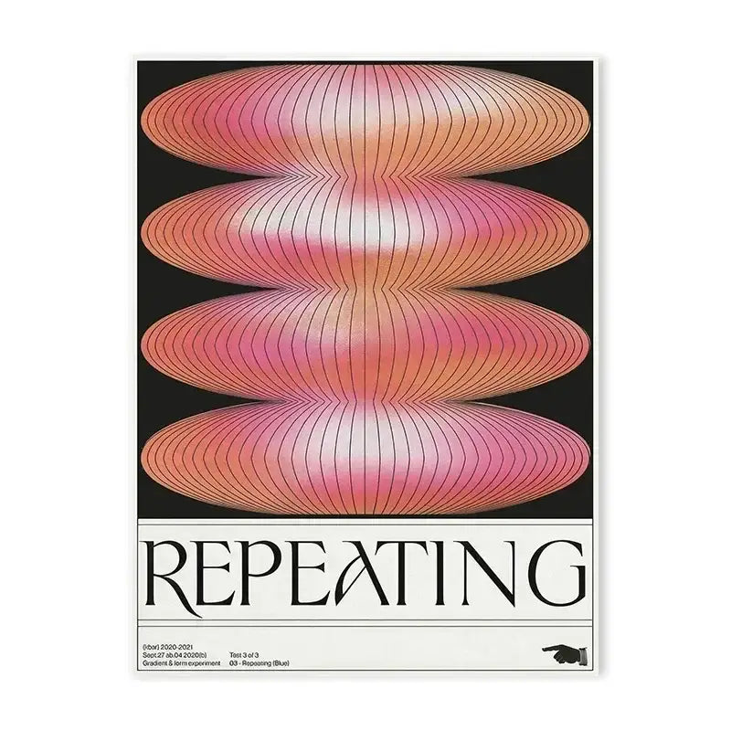 Decorbites™ blue wave japanese abstract print poster with gradient pink and orange oval shapes and repeating text