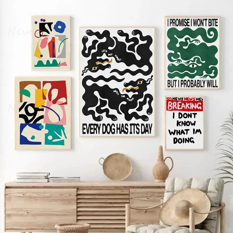Set of five colorful decorbites™ blue wave japanese abstract print posters with bold black green and multicolored designs framed in light wood