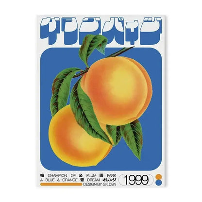 A vibrant decorbites™ blue wave japanese abstract print poster featuring two ripe orange-yellow peaches with green leaves