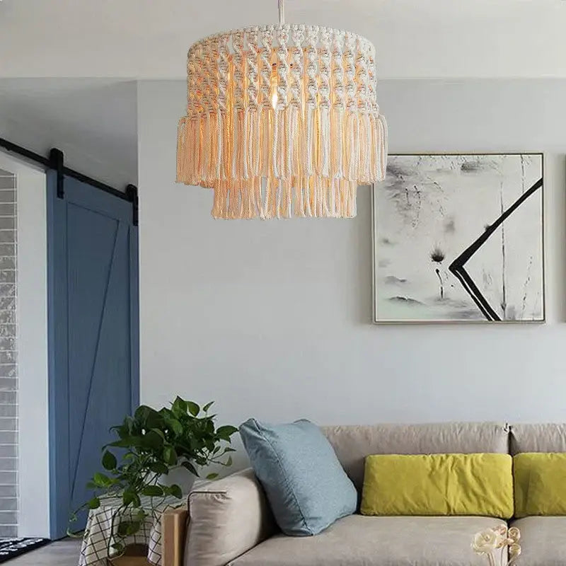 Beige bohemia cotton rope chandelier with cascading tassels and woven textured design for dining and living rooms