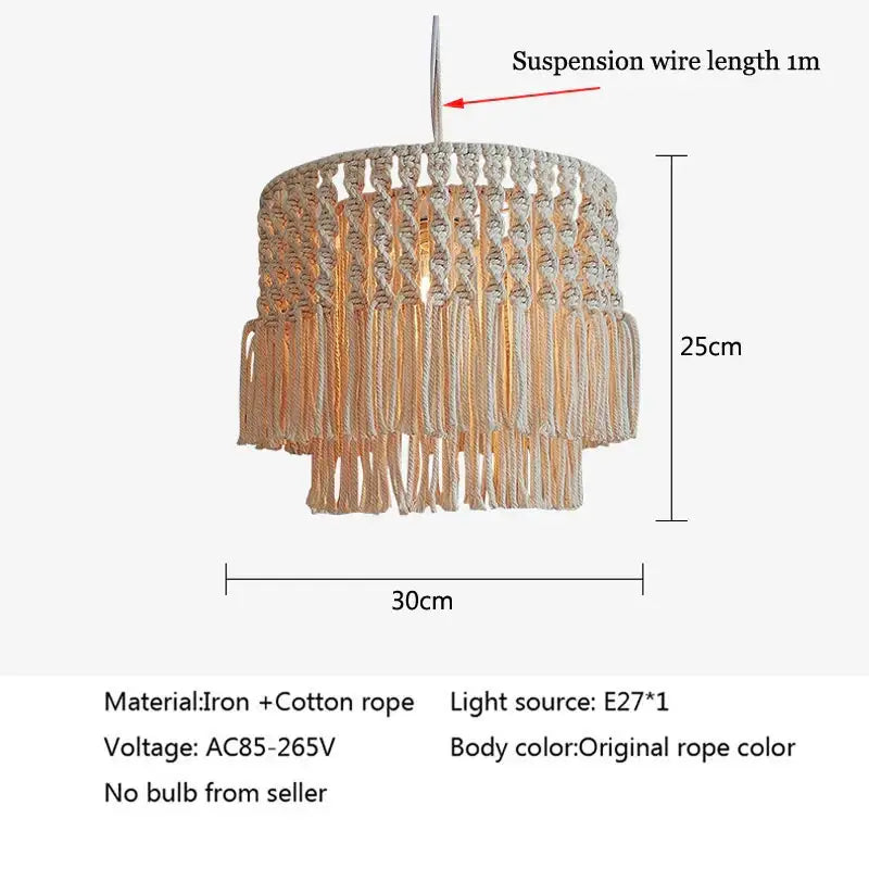 Beige bohemia cotton rope chandelier with tiered rope design and hanging tassels for dining or living room decor