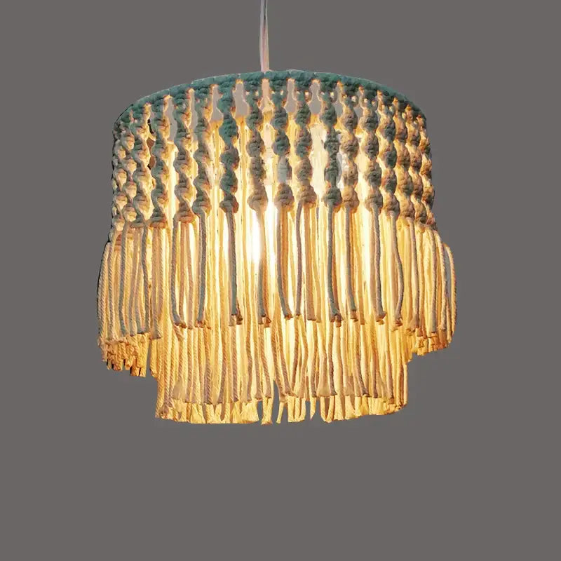 Teal and beige bohemia cotton rope chandelier with cascading fringe design for dining room and living room lighting