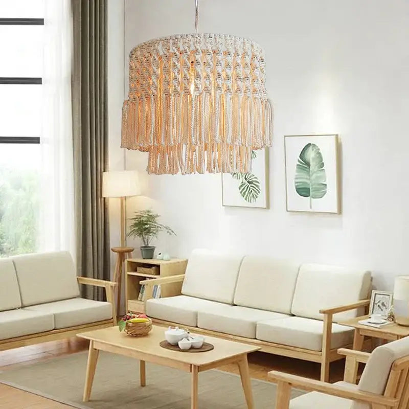 Beige bohemia cotton rope chandelier with cascading fringe and textured woven design for dining and living rooms