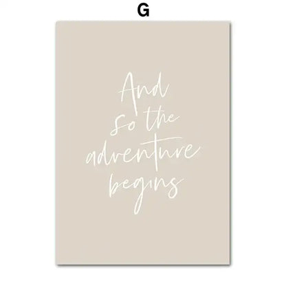Beige rectangular wall art with the phrase and so the adventure begins in white cursive for bohemian beach landscape decor