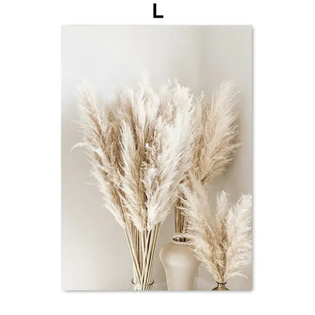 DecorBites™ bohemian beach landscape wall art featuring soft beige pampas grass in minimalist ceramic vases