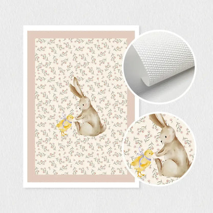 Beige watercolor bohemian style wall art set decorbites featuring tender rabbit and chick on textured canvas with floral patterns