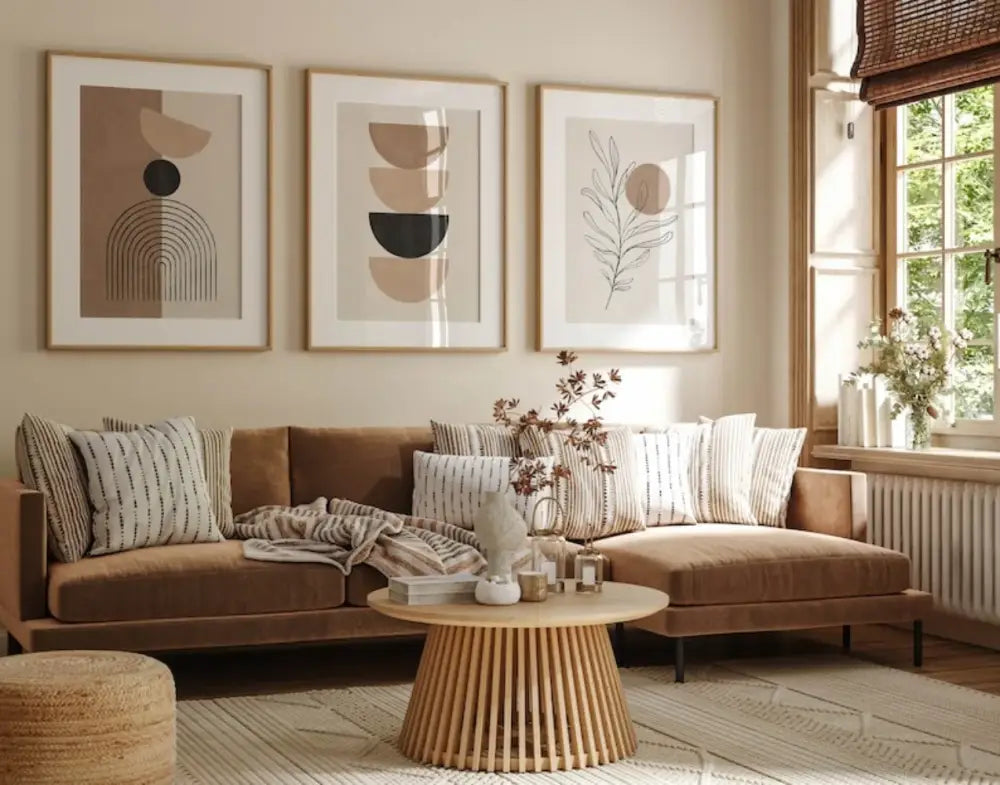Brown leather sectional sofa with striped and solid throw pillows beside decorbites™ bohemian geometric plant wall art set