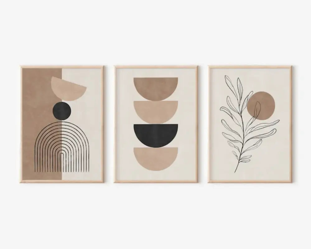 Set of three DecorBites™ bohemian geometric plant wall art prints in neutral tones framed with light wood wall art set
