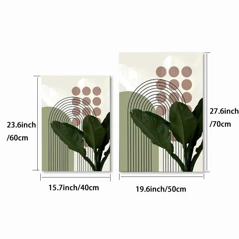 Decorbites™ bohemian green leaves canvas wall art trio featuring modern abstract green leaves in muted earth tones