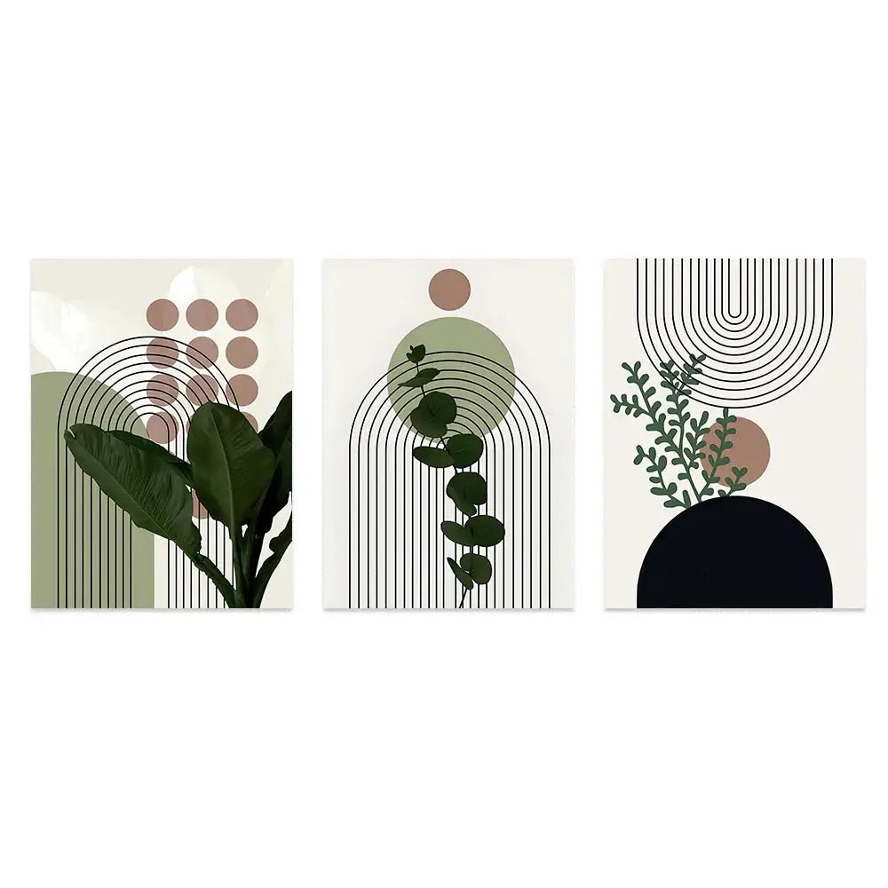 Set of three decorbites™ bohemian light wall art pieces featuring minimalist green leaves with earthy tones on canvas
