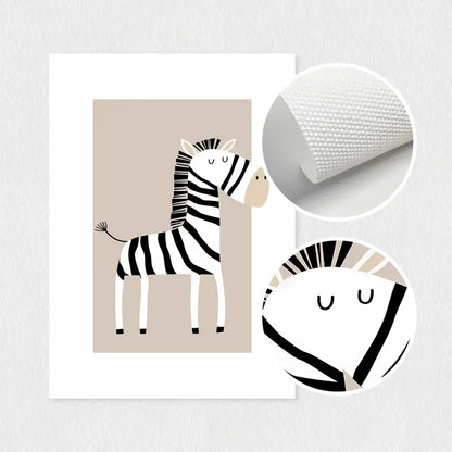 Framed canvas art featuring a charming black-and-white zebra print on beige background for bohemian jungle animal toddler room