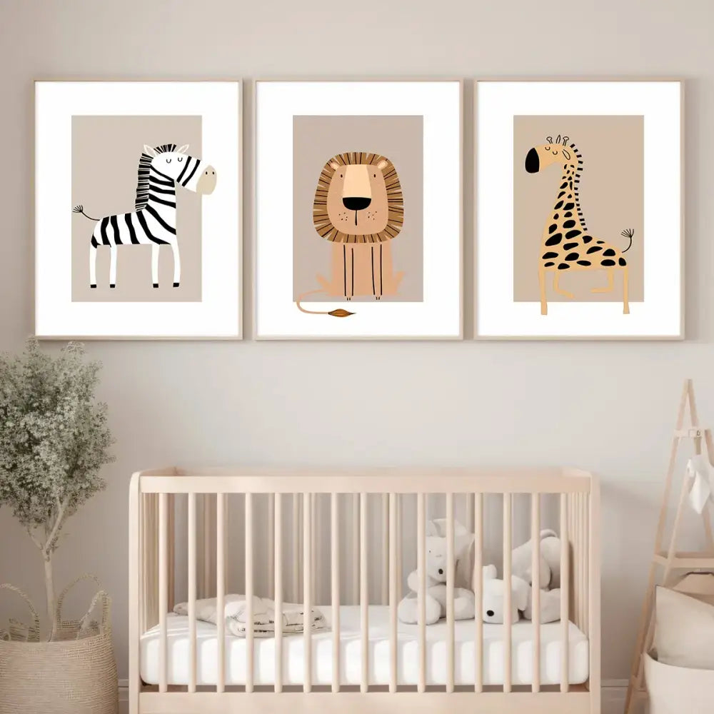 Set of three framed decorbites™ bohemian jungle animal toddler canvas prints featuring zebra lion and giraffe forest art room decor