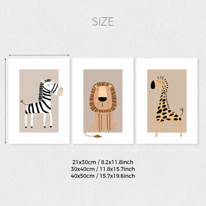 Set of three framed bohemian jungle animal toddler canvas prints with zebra lion and giraffe on beige mats for forest art room
