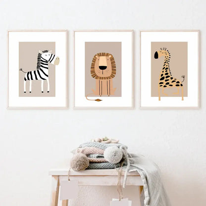 Set of three framed bohemian jungle animal toddler canvas prints featuring zebra lion and giraffe minimalist forest art room decor