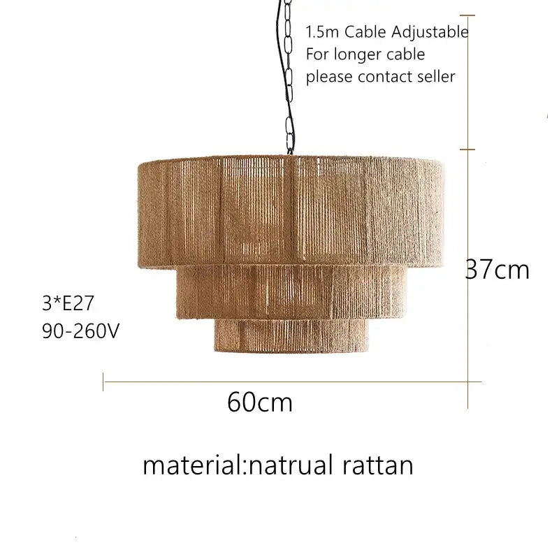 Decorbites bohemian rattan chandelier with three tiered beige cylindrical bamboo shades for dining room lighting