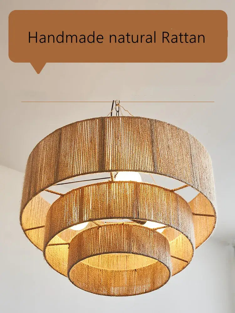 Handmade natural rattan chandelier with concentric circular tiers from decorbites bohemian rattan collection for dining rooms
