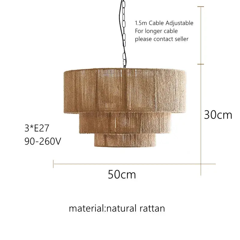 A tiered decorbites bohemian rattan chandelier in natural beige with three circular levels for dining room lighting