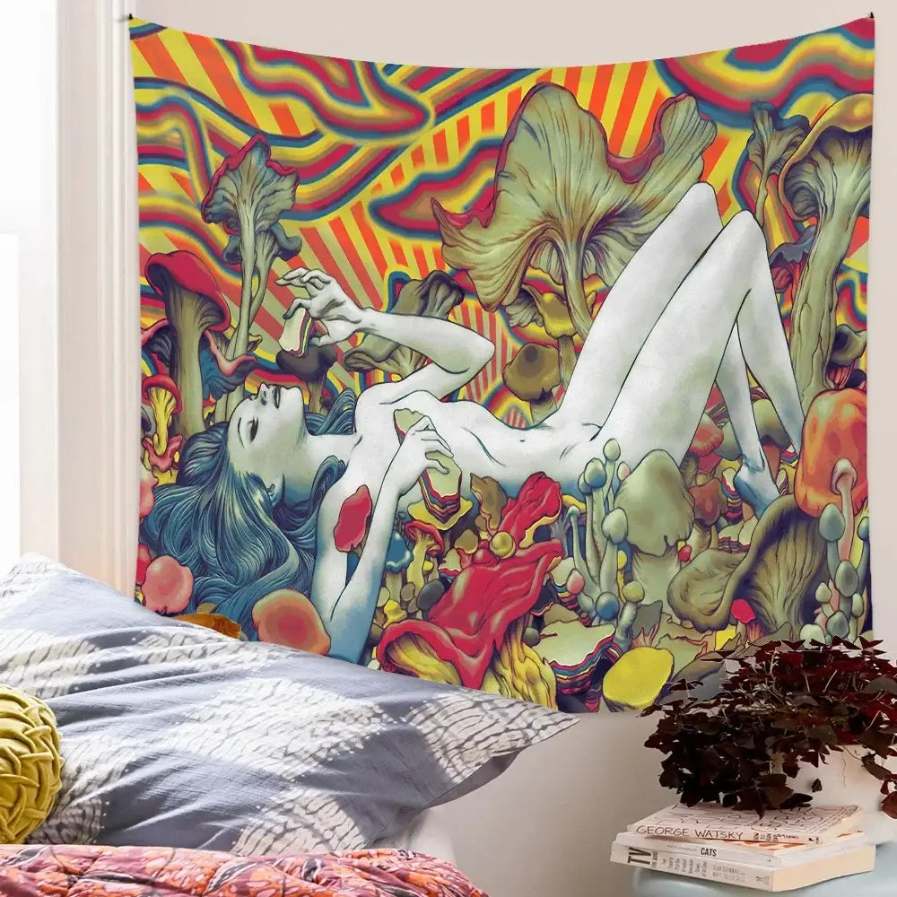 Vibrant decorbites bohemian tapestry featuring a nude figure and colorful mushrooms on a swirling rainbow background for home decor