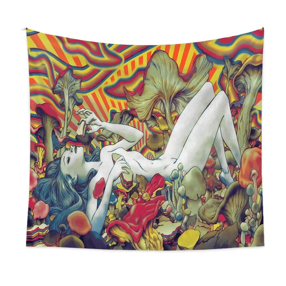 Decorbites bohemian tapestry featuring a nude figure with vibrant mushrooms and a rainbow background for home decor