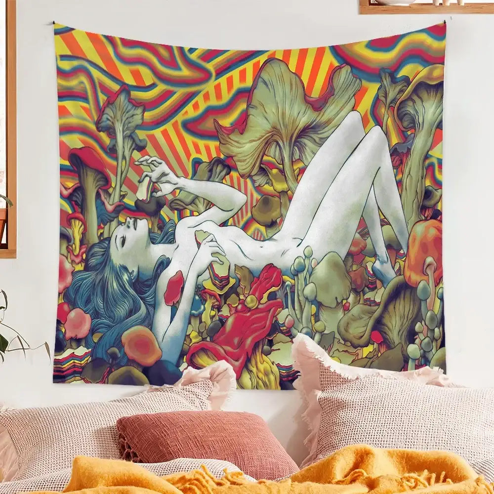 Decorbites bohemian tapestry featuring a nude figure with oversized mushrooms on a swirling rainbow wall hanging