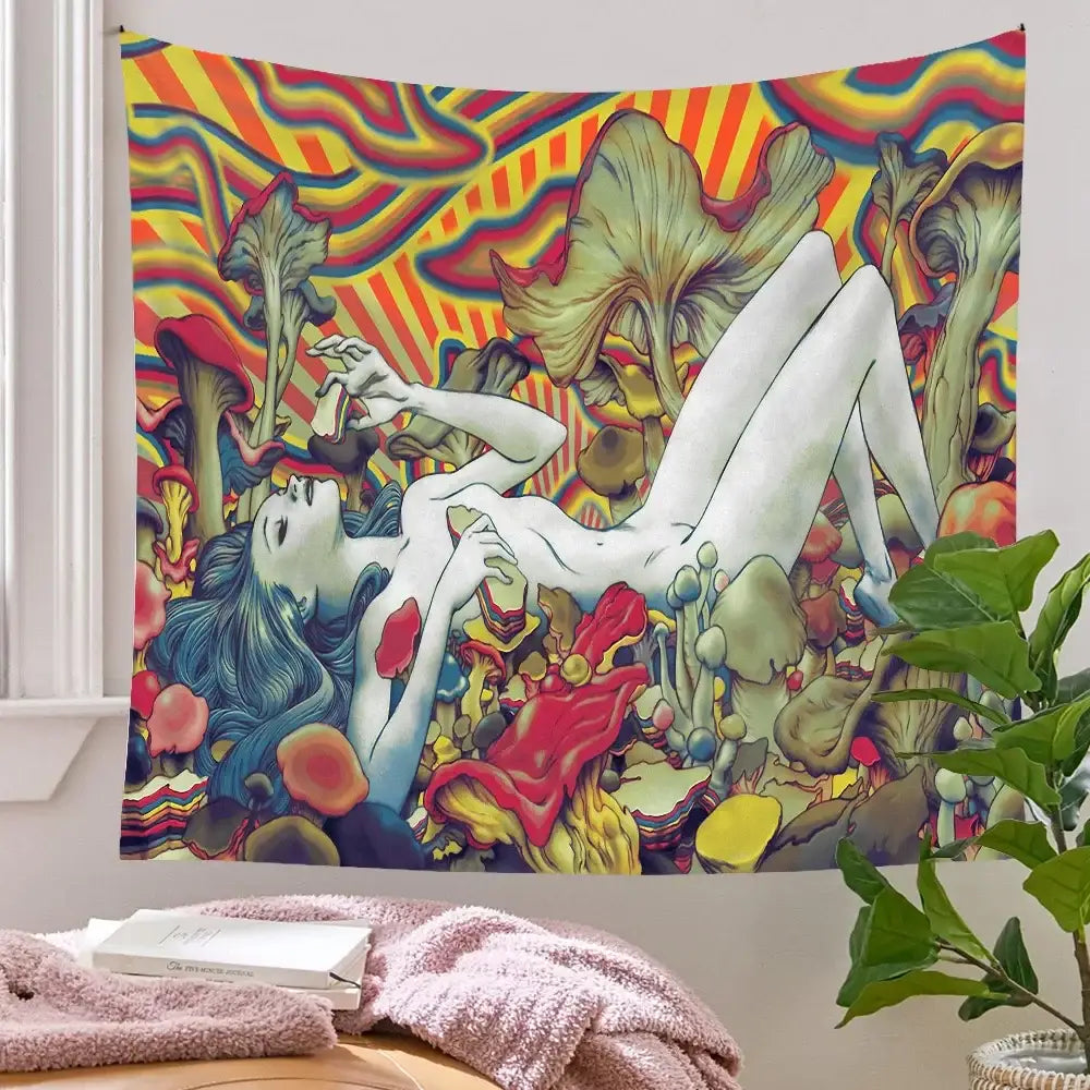 Vibrant decorbites bohemian tapestry featuring a nude figure with oversized mushrooms on a rainbow background for home decor