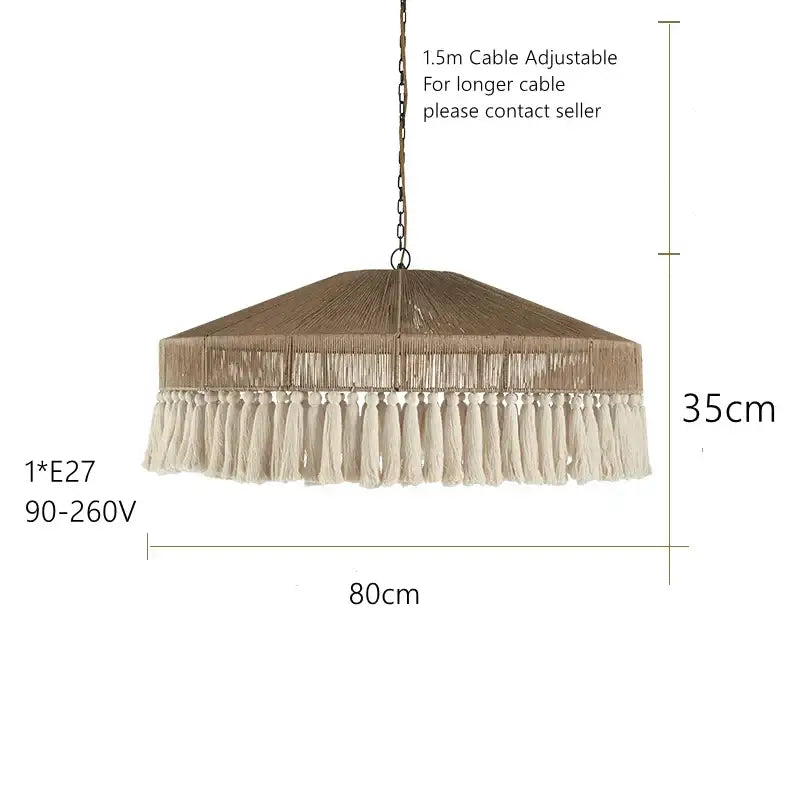 Decorbites bohemian tassel chandelier in natural beige woven material with cream tassel fringe for bedroom lighting