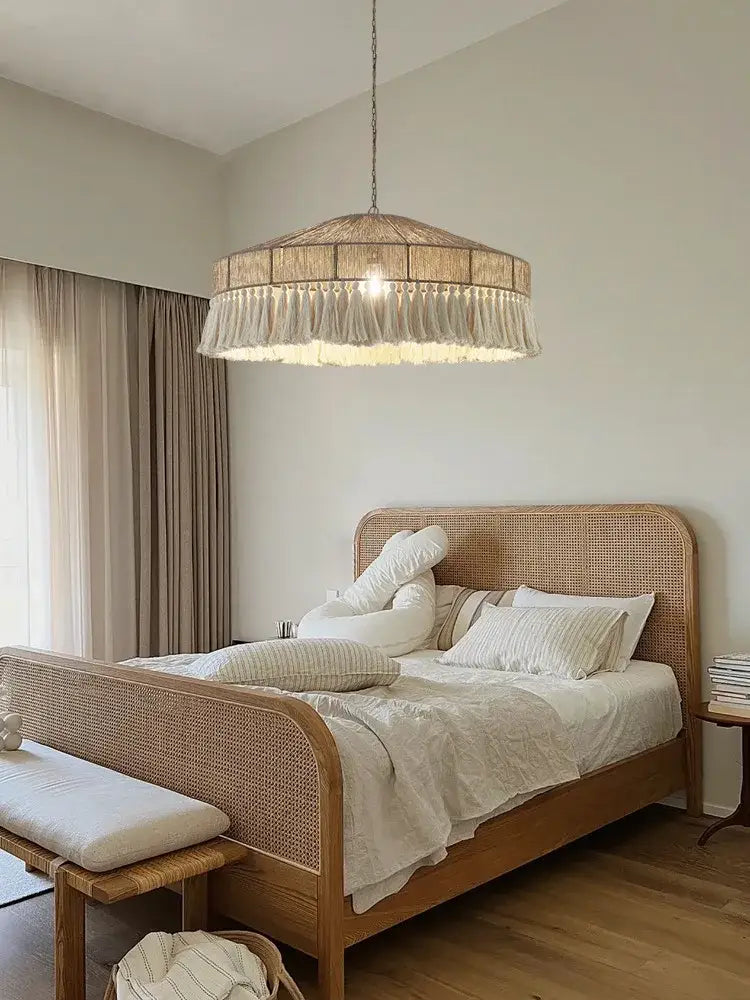 Beige woven rattan decorbites bohemian tassel chandelier with fringe tassels hanging natural bedroom light