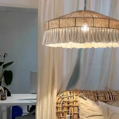Beige woven pendant light with matching tassel fringe decorbites bohemian tassel chandelier for bedroom lighting