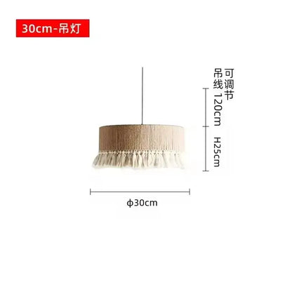 Beige decorbites bohemian tassel chandelier with natural woven cylindrical shade and adjustable hanging chain for bedroom light