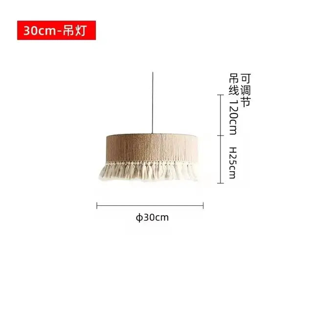 Beige decorbites bohemian tassel chandelier with natural woven cylindrical shade and adjustable hanging chain for bedroom light
