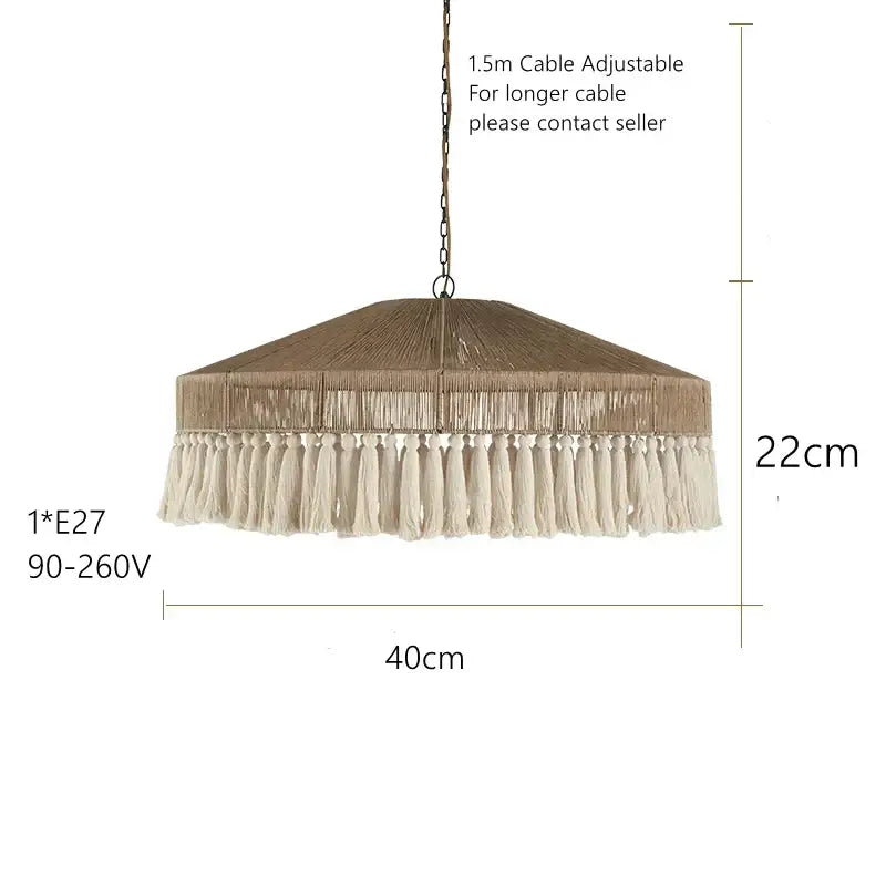Decorbites bohemian tassel chandelier featuring a beige woven hexagonal shade with cream tassel fringe for bedroom lighting